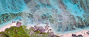 Overhead aerial view of Anse Source Argent Beach in La Digue, Seychelle Islands - Africa