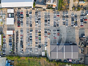 Overhead aerial view of crowded public parking