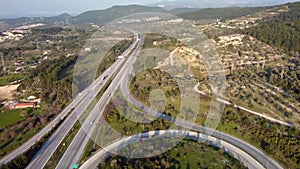Overhead aerial view of highway.Road interchange.Drone footage