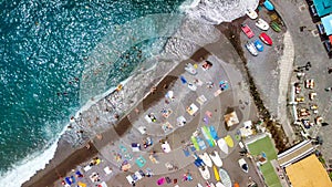 Overhead aerial view of Positano Beach on a beautiful summer day