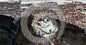 Overhead aerial view of Rasnov Citadel and Fortress in Romania.