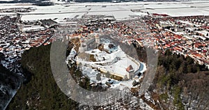 Overhead aerial view of Rasnov Citadel and Fortress in Romania.