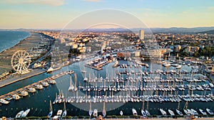 Overhead aerial view of Rimini Port with docked Boats, Italy