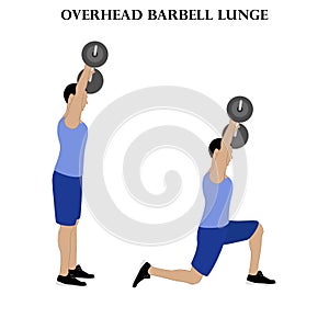 Overhead barbell lunge exercise strength workout vector illustration
