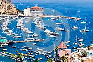 Overhead bay view of Avalon harbor with casino, pleasure pier, sailboats and yachts on Santa Catalina island vacation in Californi