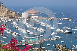 Overhead bay view of Avalon harbor with casino, pleasure pier, sailboats and yachts on Santa Catalina island vacation in Californi