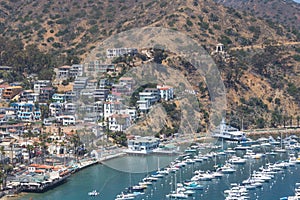 Overhead bay view of Avalon harbor with casino, yacht club, sailboats and yachts on Santa Catalina island vacation in California