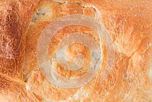 Overhead close view of the crust of a baked loaf of homemade bread illuminated with natural light