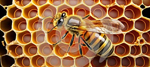 Overhead closeup of a honeycomb with a bee. ai generative illustration