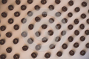 Overhead closeup shot of ring-shaped chocolate cereal  placed  on a white surface