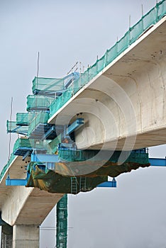 Overhead concrete viaduct under construction at the construction site