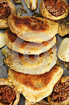 Overhead cordon bleu cutlets closeup