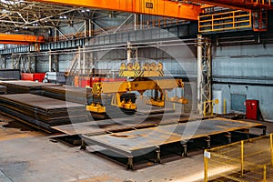 Overhead crane with electromagnetic beam grippers lifting steel sheets