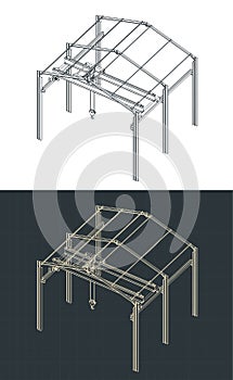 Overhead crane and warehouse structure isometric blueprints