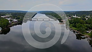 Overhead of Delaware river landscape, view near small town historic New Hope Pennsylvania American town of Lambertville