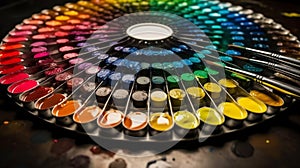 Overhead display of a DIY paint brush surrounded by a spectrum of colorful sample paint pots