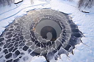 overhead drone view of boreholes pattern on frozen river