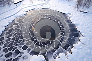 overhead drone view of boreholes pattern on frozen river photo
