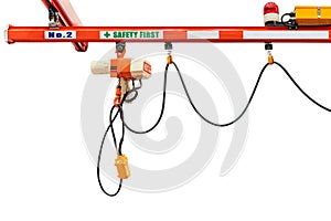 Overhead electric chain hoist with hook remote switch control isolated on white background with clipping path