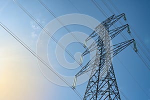 Overhead electrical power lines on a transmission tower