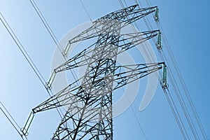 Overhead electrical power lines on a transmission tower