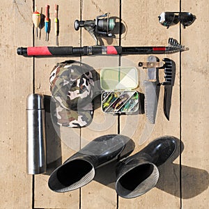 Overhead of essentials for fisherman. Fshing tackle and equipmen