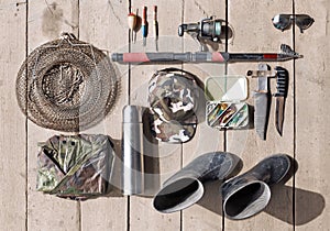 Overhead of essentials for fisherman. Fshing tackle and equipmen