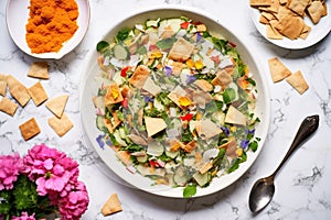 overhead of fattoush with measuring spoons and dressing