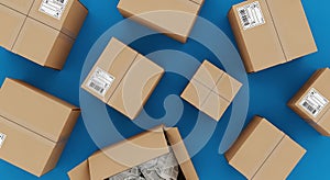 Scattered Shipping Boxes on Blue Background