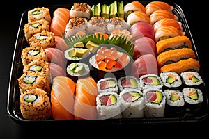 Overhead Japanese sushi food. Maki ands rolls with tuna, salmon, shrimp, crab and avocado.