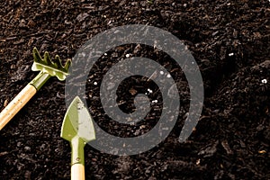 Overhead of miniature gardening trowel and rake on dark soil with fertiliser, with copy space