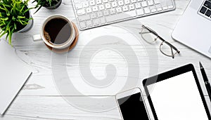 Overhead Office Table With Copy Space Notebook Computer Keyboard And Accessories