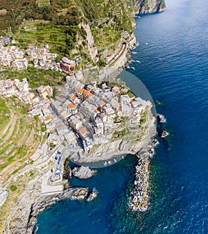 Overhead panoramic aerial view of Manarola. Five Lands, Italy