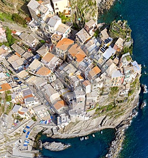 Overhead panoramic aerial view of Manarola. Five Lands, Italy