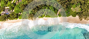 Overhead panoramic view of beautiful tropical beach with trees