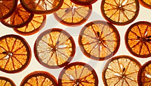Overhead Pattern of Backlit Dried Orange Slices on White