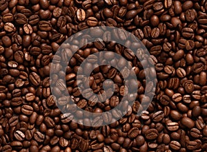From an overhead perspective, a captivating backdrop unfolds, portraying two halves of rich, dark brown coffee beans