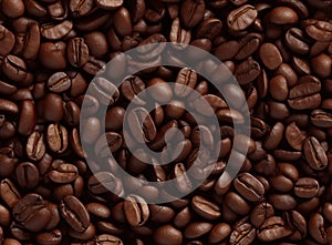 From an overhead perspective, a captivating backdrop unfolds, portraying two halves of rich, dark brown coffee beans