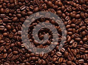 From an overhead perspective, a captivating backdrop unfolds, portraying two halves of rich, dark brown coffee beans