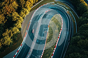 An overhead perspective showcases a race track nestled in the heart of a dense forest, An aerial shot of car race on a winding