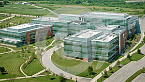 An overhead perspective of a sizable building featuring numerous windows, Biotech research facility from a bird\'s eye view