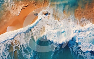 Overhead Photo of Crashing Waves on a Rocky Shoreline - Powerful Nature in Motion, Generative Ai