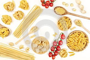 Overhead photo of different types of pasta with cherry tomatoes on white with copy space