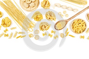 Overhead photo of different types of pasta on white with copy space