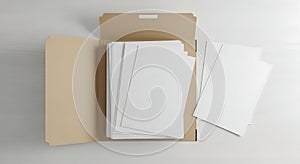 Open manila folder mockup with blank white paper sheets