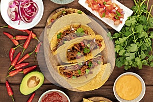 Overhead photo of Mexican tacos with pulled meat, avocado, chili peppers, cilantro, cheese sauce