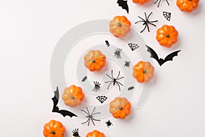 Overhead photo of pile of pumpkins spiders web and bats isolated on the white background