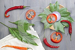 An overhead photo of sliced red onion, chilli peppers, linen napkin and bay leaves on the table. Top view. Laurel leaves and vario