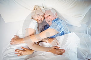 Overhead portrait of cheerful couple