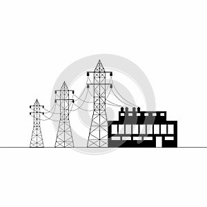 Overhead power line, transformer substation. Electricity transmission and supply. Flat illustration